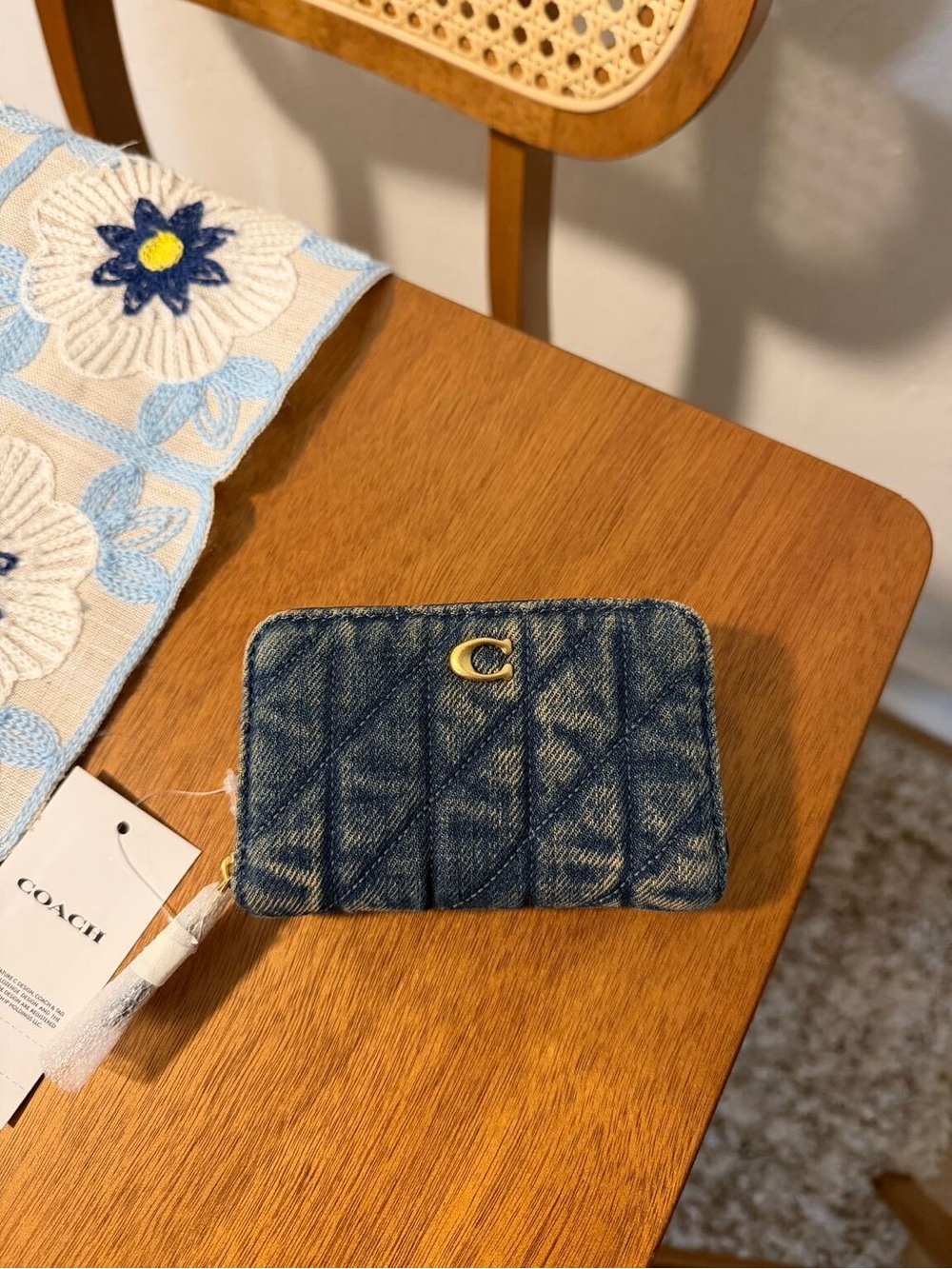 Coach Quilted Denim Zip Wallet in Indigo Blue with Gold C Hardware